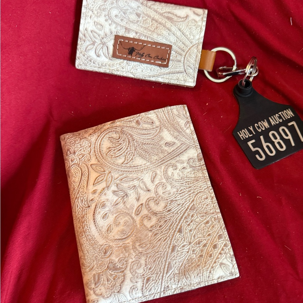 Holy Cow “wedding set” passport/quickdraw Embossed Cream Wallet and Keychain$125